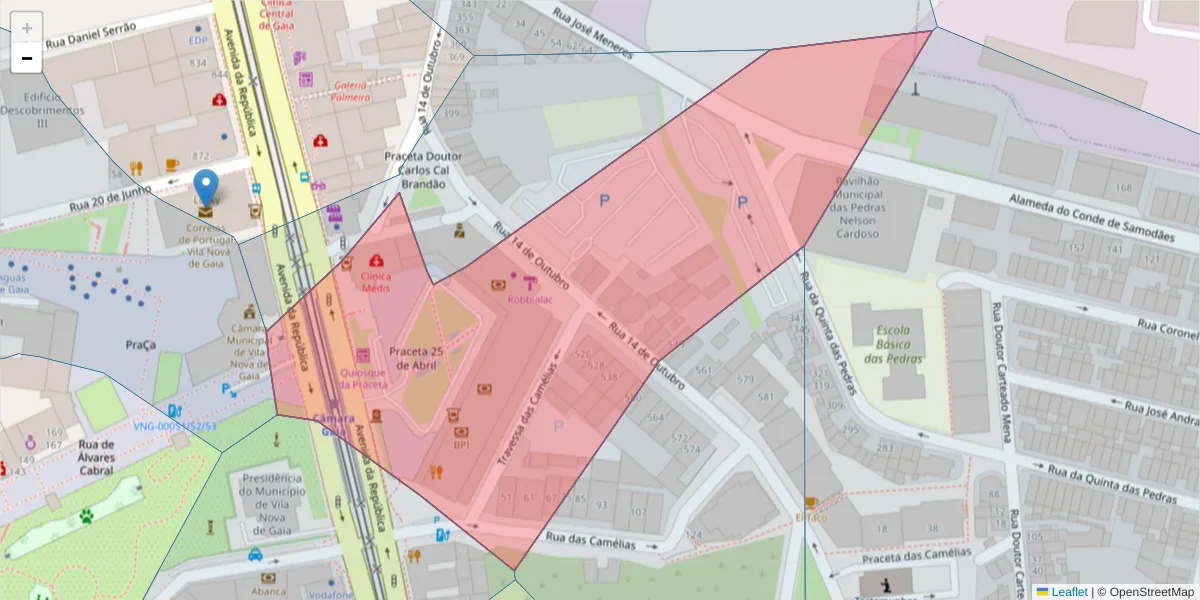 Mapa detalhado do código postal 4430-257 com limites, códigos postais vizinhos e agências dos correios