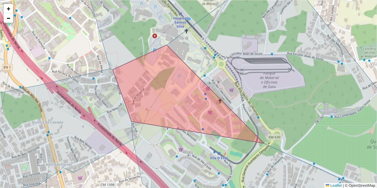 Mapa detalhado do código postal 4430-518 com limites, códigos postais vizinhos e agências dos correios