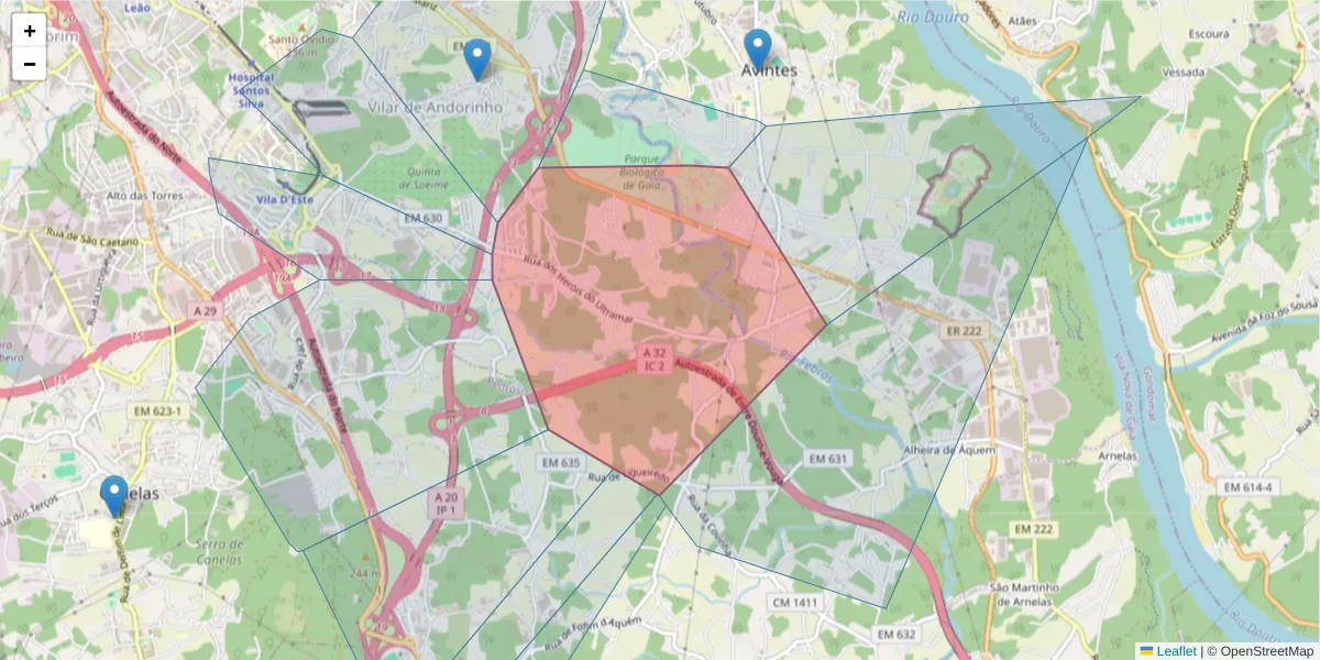 Mapa detalhado do código postal 4430-812 com limites, códigos postais vizinhos e agências dos correios