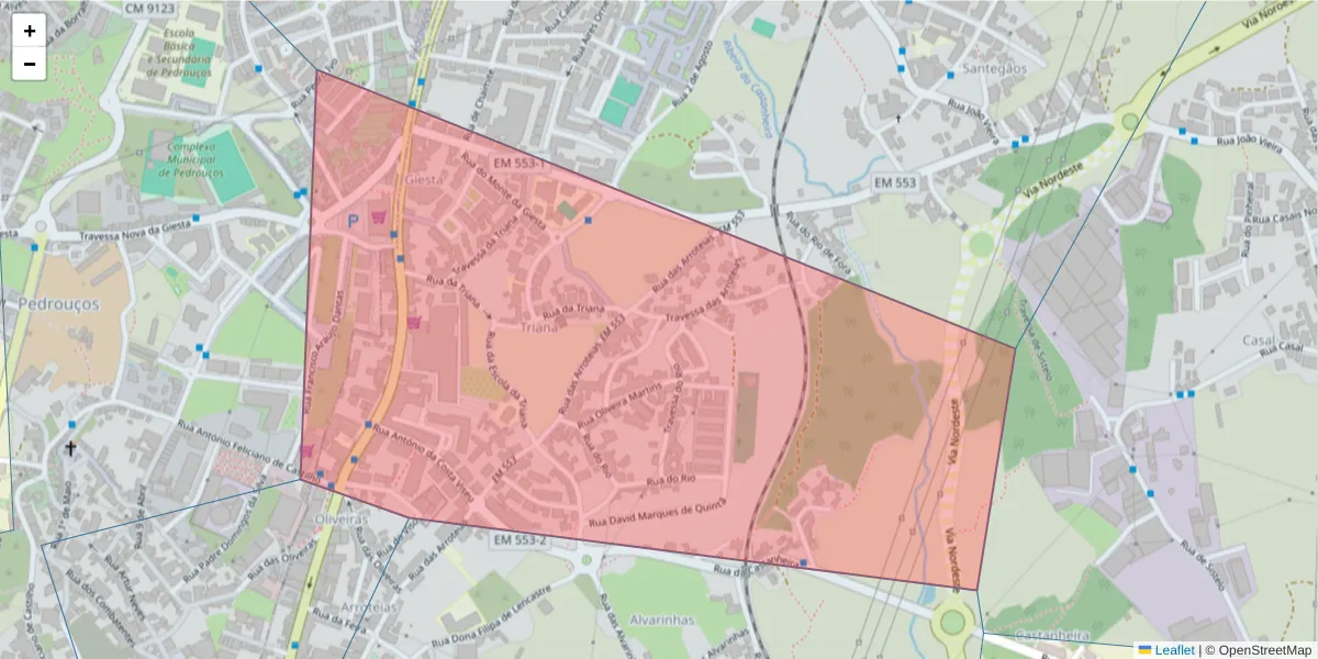 Mapa detalhado do código postal 4435-005 com limites, códigos postais vizinhos e agências dos correios