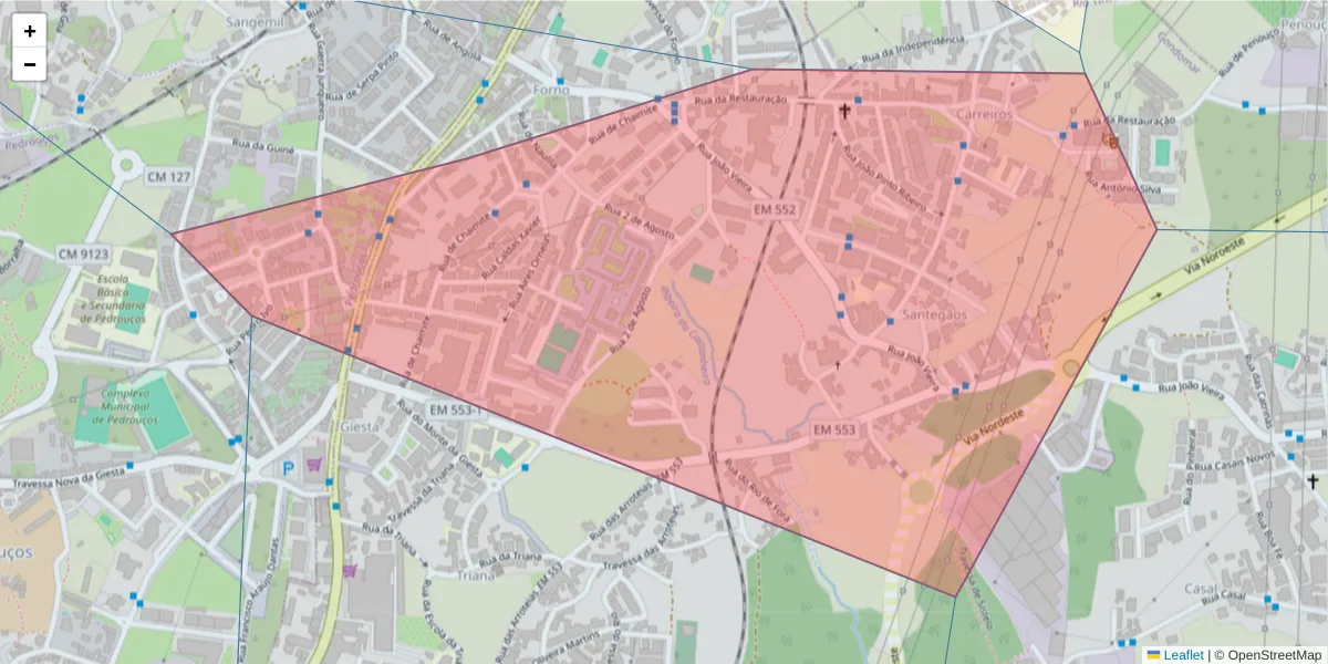 Mapa detalhado do código postal 4435-025 com limites, códigos postais vizinhos e agências dos correios