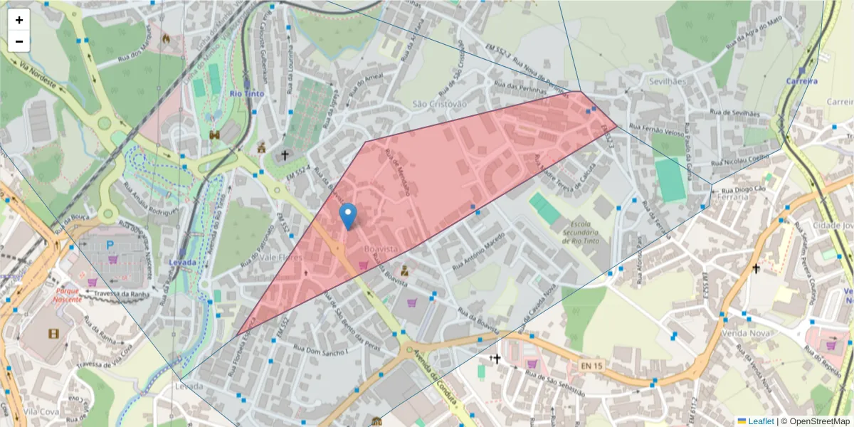 Mapa detalhado do código postal 4435-030 com limites, códigos postais vizinhos e agências dos correios