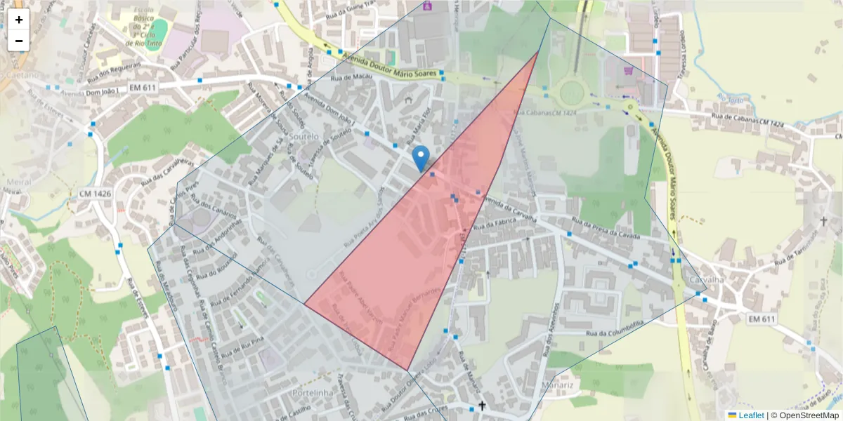 Mapa detalhado do código postal 4435-208 com limites, códigos postais vizinhos e agências dos correios
