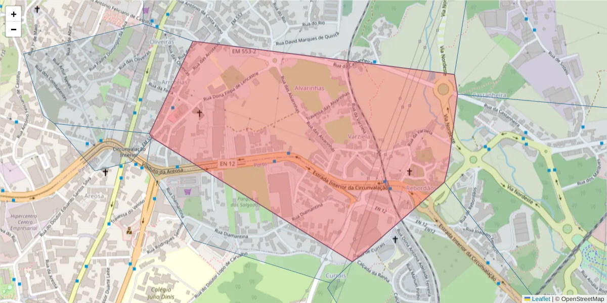 Mapa detalhado do código postal 4435-279 com limites, códigos postais vizinhos e agências dos correios