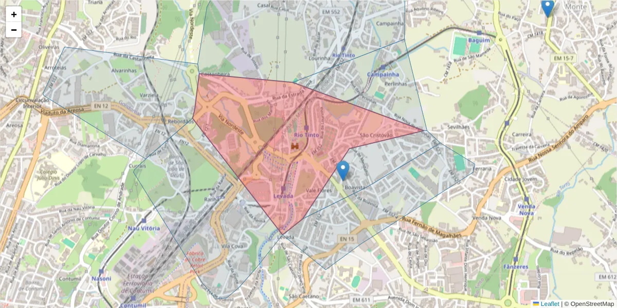 Mapa detalhado do código postal 4435-282 com limites, códigos postais vizinhos e agências dos correios