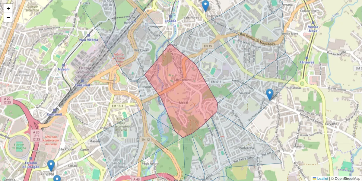 Mapa detalhado do código postal 4435-332 com limites, códigos postais vizinhos e agências dos correios
