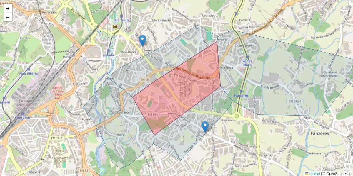 Mapa detalhado do código postal 4435-485 com limites, códigos postais vizinhos e agências dos correios