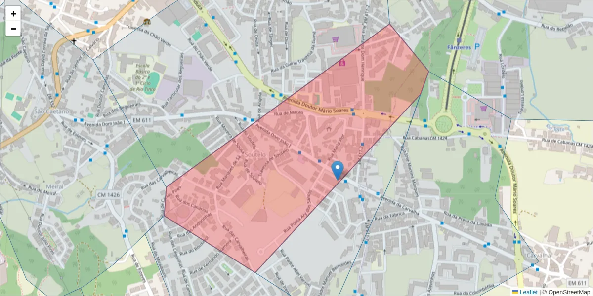 Mapa detalhado do código postal 4435-997 com limites, códigos postais vizinhos e agências dos correios