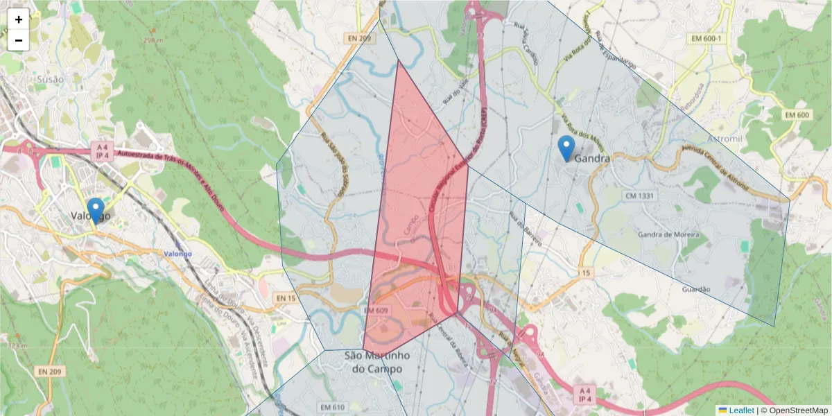Mapa detalhado do código postal 4440-038 com limites, códigos postais vizinhos e agências dos correios