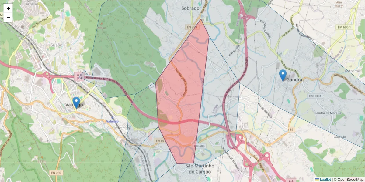Mapa detalhado do código postal 4440-050 com limites, códigos postais vizinhos e agências dos correios