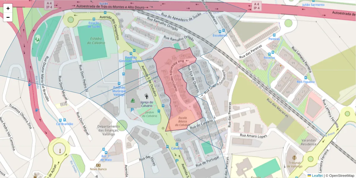 Mapa detalhado do código postal 4440-522 com limites, códigos postais vizinhos e agências dos correios