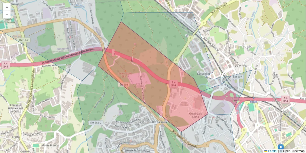 Mapa detalhado do código postal 4440-702 com limites, códigos postais vizinhos e agências dos correios