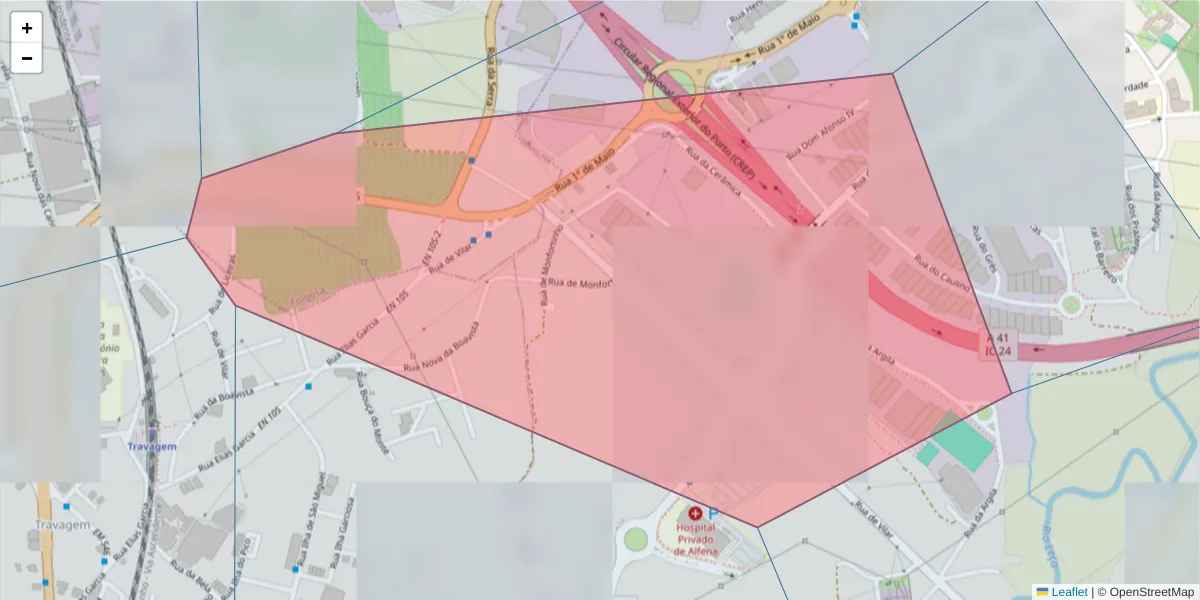 Mapa detalhado do código postal 4445-051 com limites, códigos postais vizinhos e agências dos correios