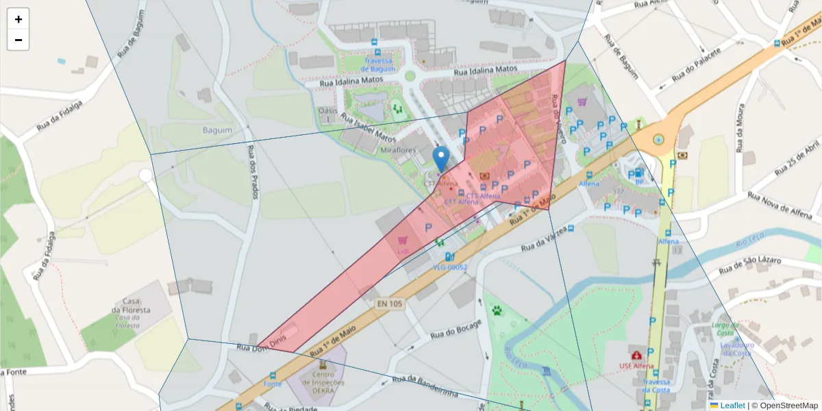 Mapa detalhado do código postal 4445-102 com limites, códigos postais vizinhos e agências dos correios