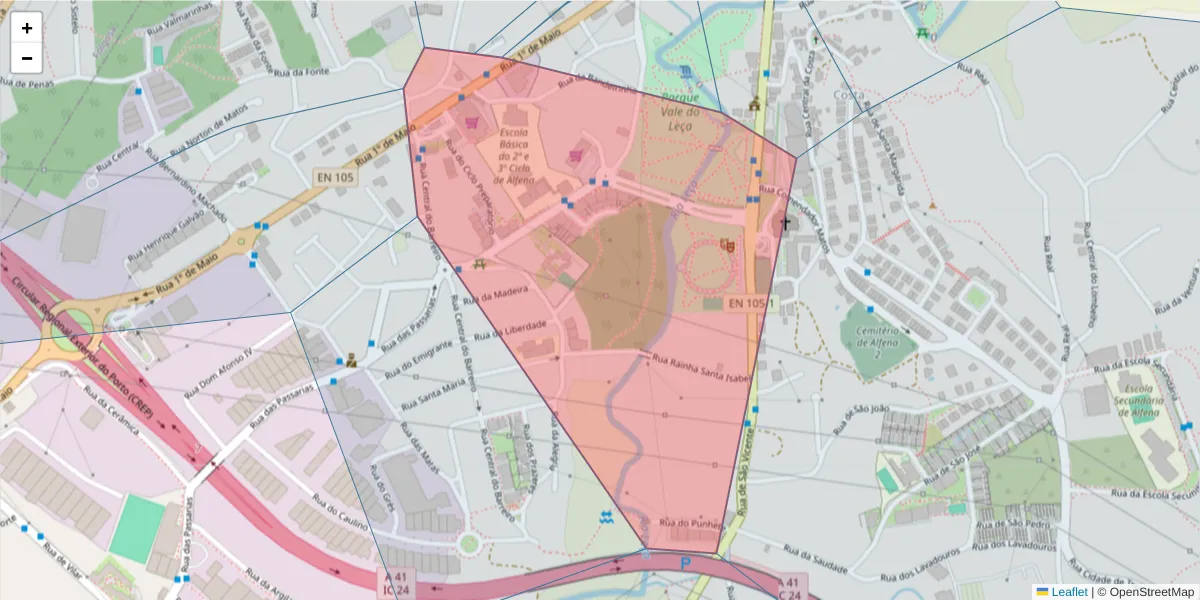 Mapa detalhado do código postal 4445-150 com limites, códigos postais vizinhos e agências dos correios
