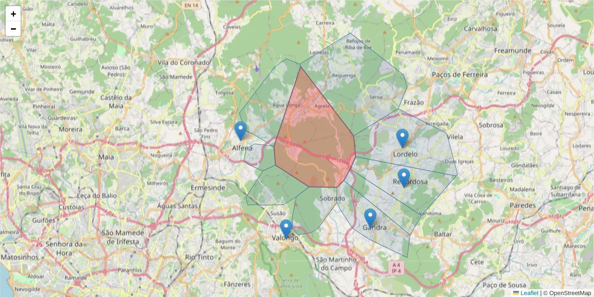 Mapa detalhado do código postal 4445-153 com limites, códigos postais vizinhos e agências dos correios