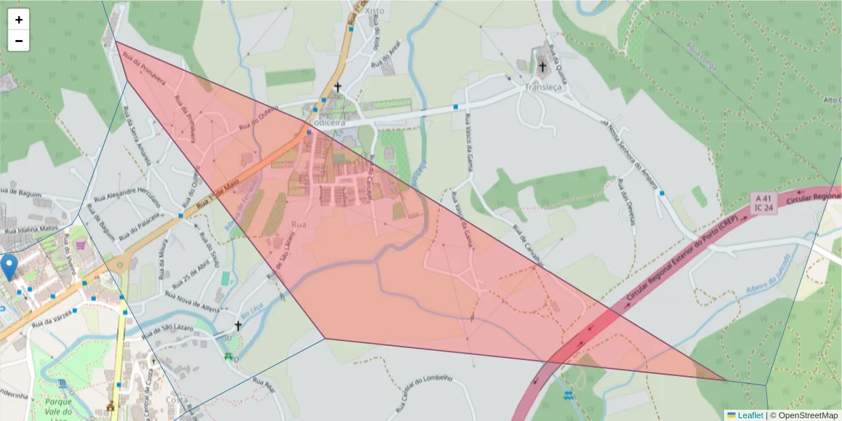 Mapa detalhado do código postal 4445-157 com limites, códigos postais vizinhos e agências dos correios