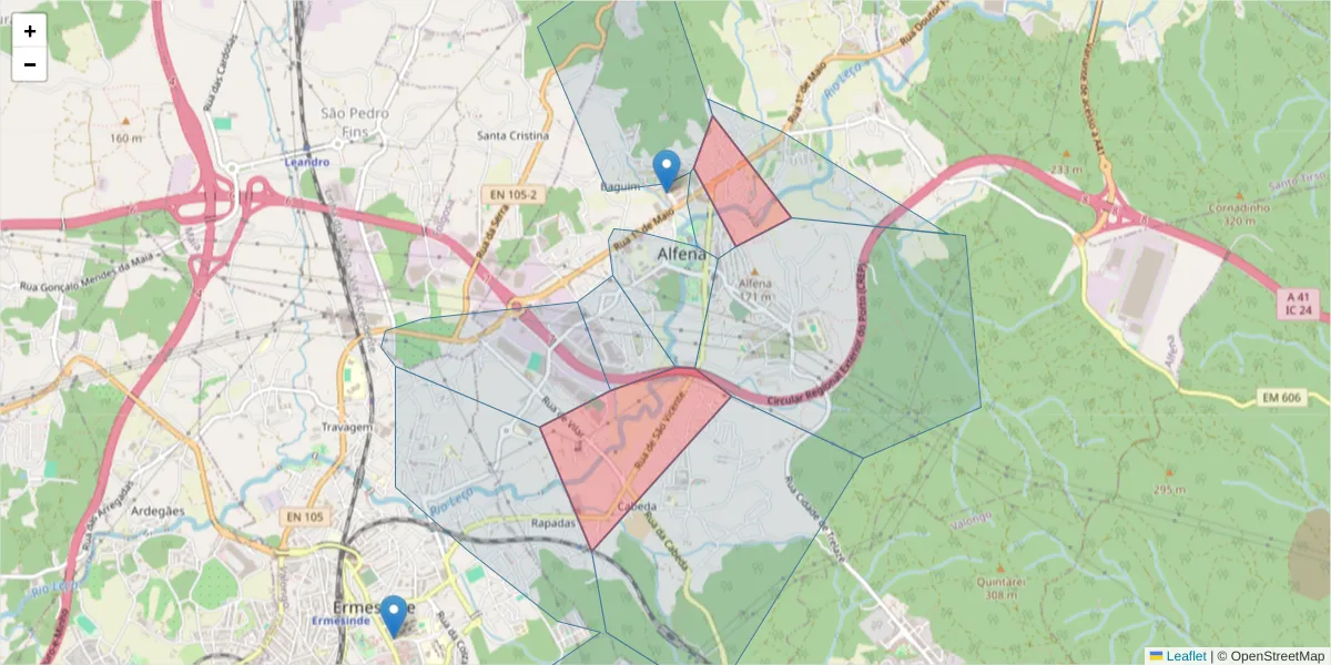 Mapa detalhado do código postal 4445-210 com limites, códigos postais vizinhos e agências dos correios
