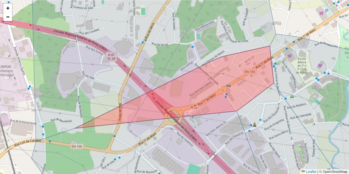 Mapa detalhado do código postal 4445-245 com limites, códigos postais vizinhos e agências dos correios