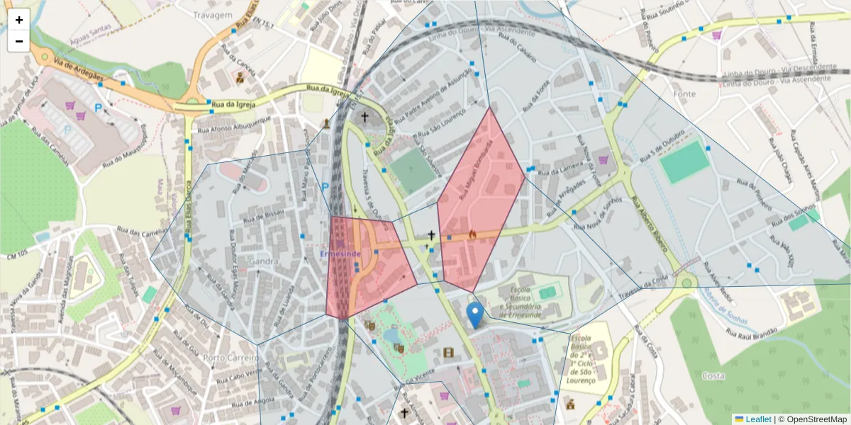 Mapa detalhado do código postal 4445-310 com limites, códigos postais vizinhos e agências dos correios