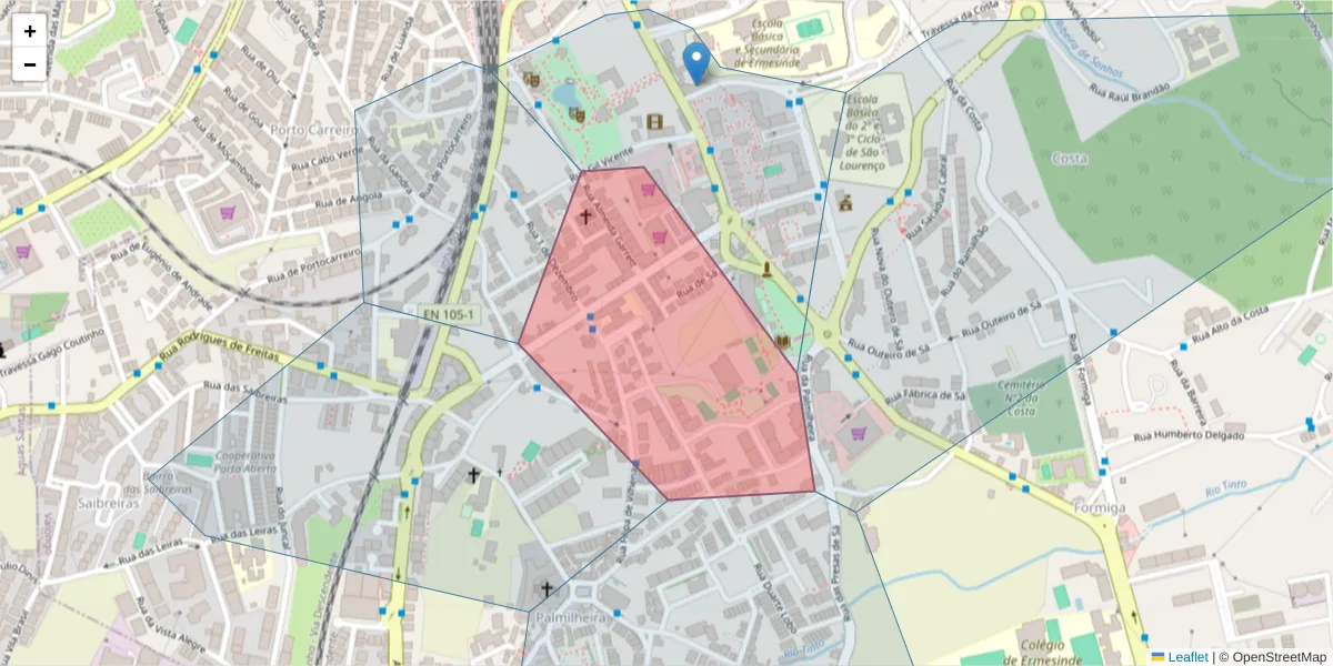 Mapa detalhado do código postal 4445-319 com limites, códigos postais vizinhos e agências dos correios
