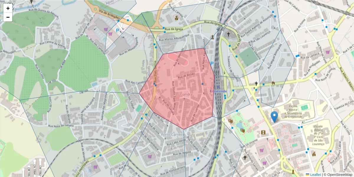 Mapa detalhado do código postal 4445-498 com limites, códigos postais vizinhos e agências dos correios