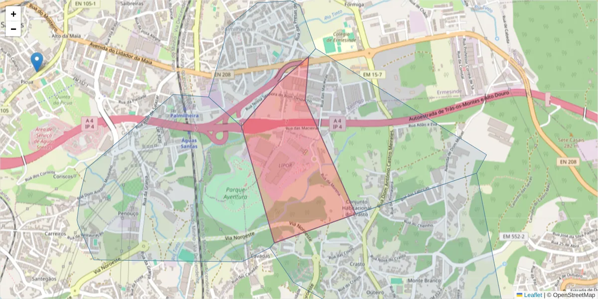 Mapa detalhado do código postal 4445-502 com limites, códigos postais vizinhos e agências dos correios
