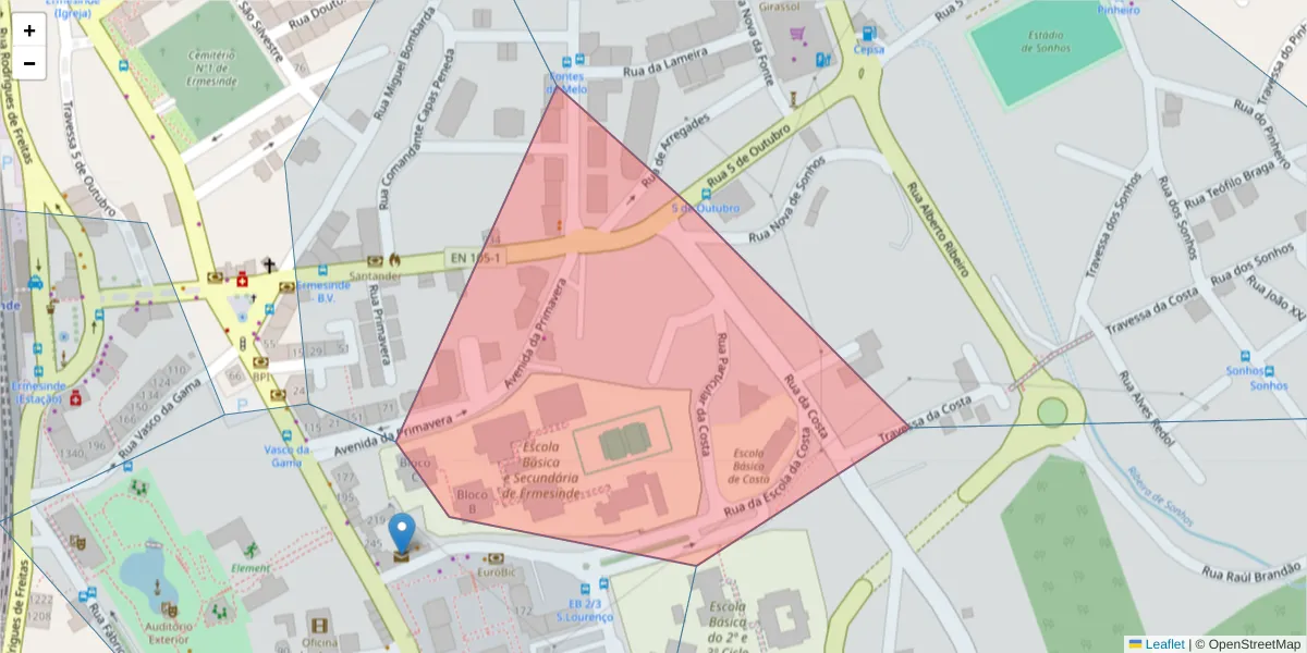 Mapa detalhado do código postal 4445-649 com limites, códigos postais vizinhos e agências dos correios