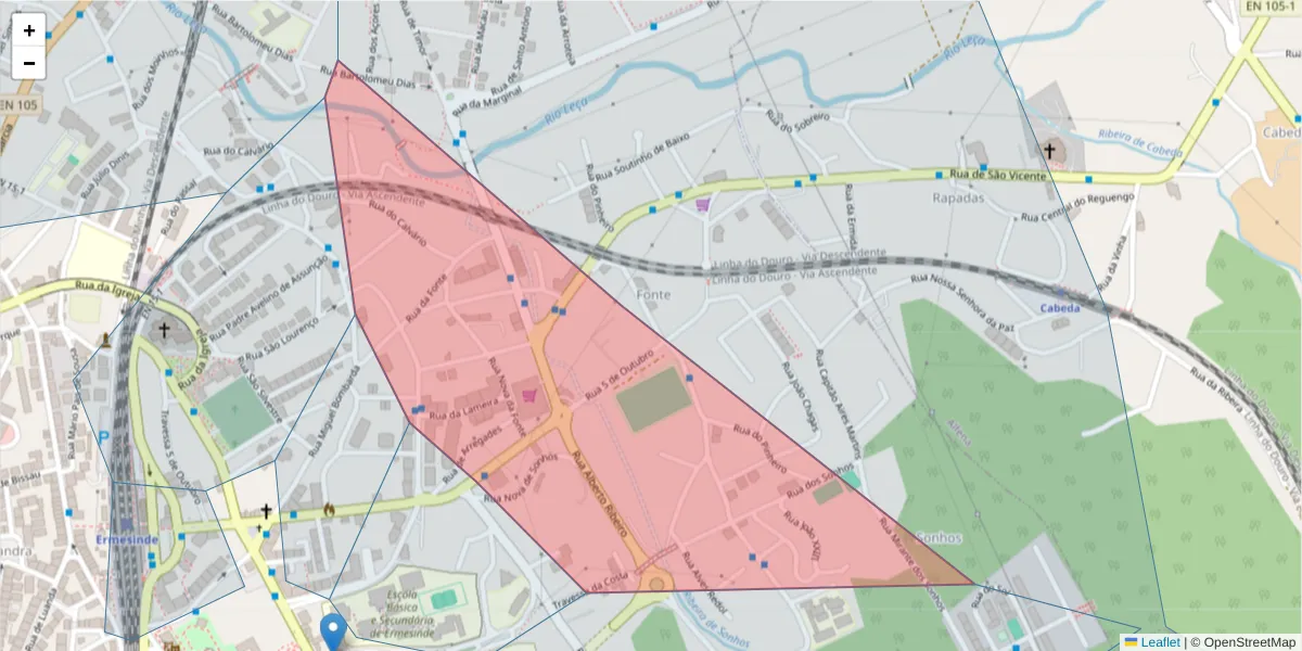 Mapa detalhado do código postal 4445-673 com limites, códigos postais vizinhos e agências dos correios