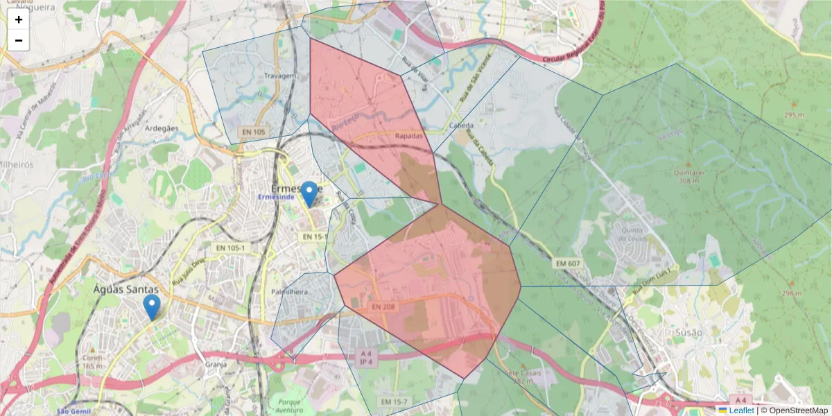 Mapa detalhado do código postal 4445 com limites, códigos postais vizinhos e agências dos correios