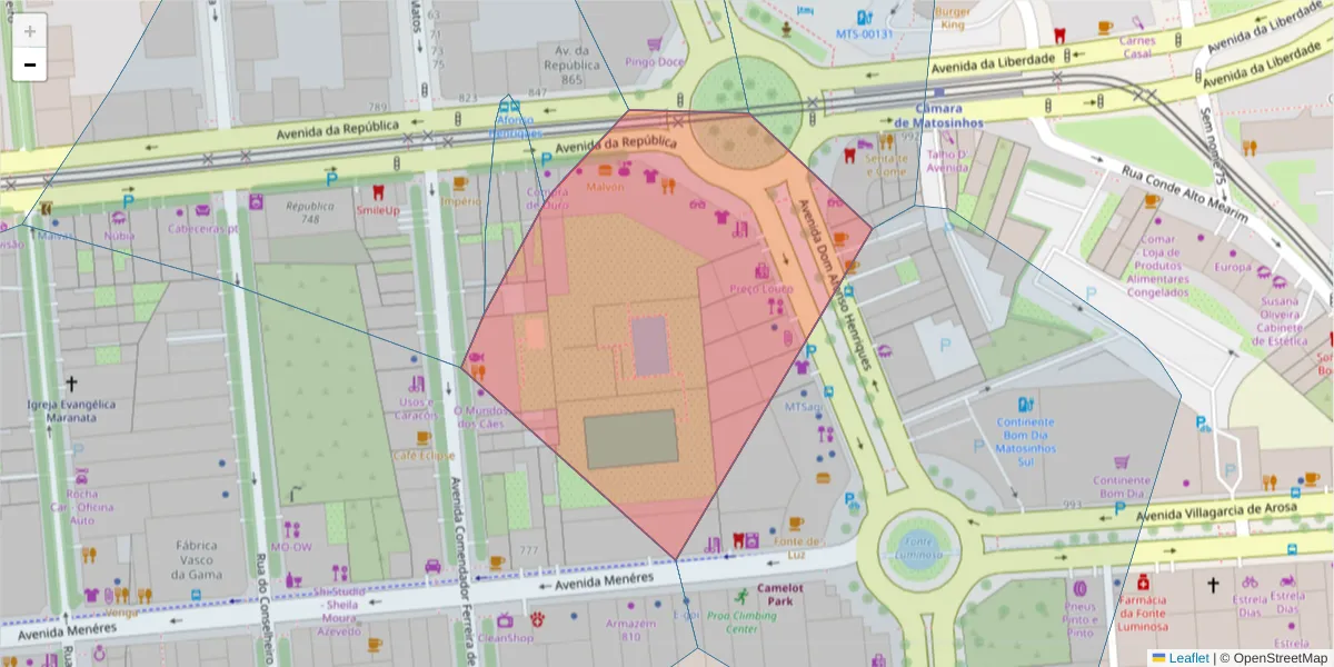 Mapa detalhado do código postal 4450-010 com limites, códigos postais vizinhos e agências dos correios