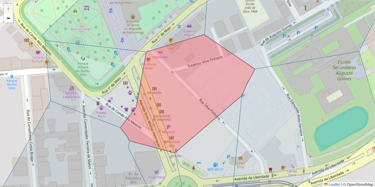 Mapa detalhado do código postal 4450-015 com limites, códigos postais vizinhos e agências dos correios