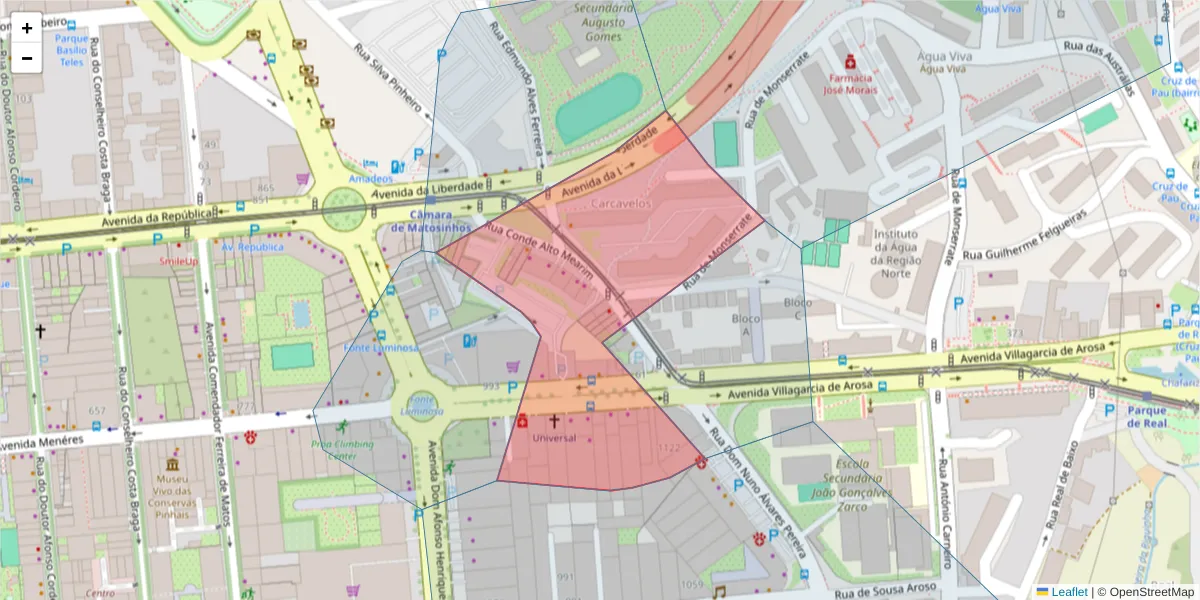 Mapa detalhado do código postal 4450-031 com limites, códigos postais vizinhos e agências dos correios