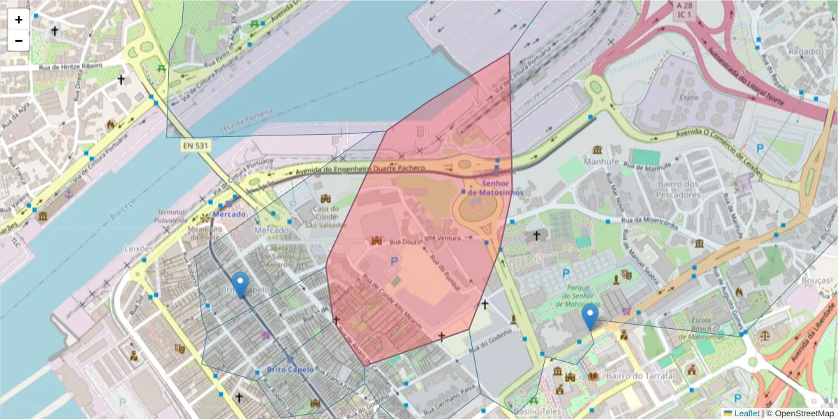 Mapa detalhado do código postal 4450-034 com limites, códigos postais vizinhos e agências dos correios