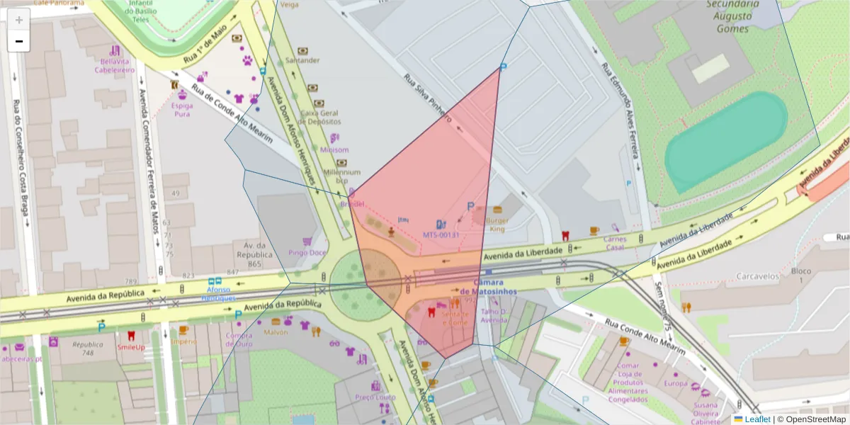 Mapa detalhado do código postal 4450-036 com limites, códigos postais vizinhos e agências dos correios