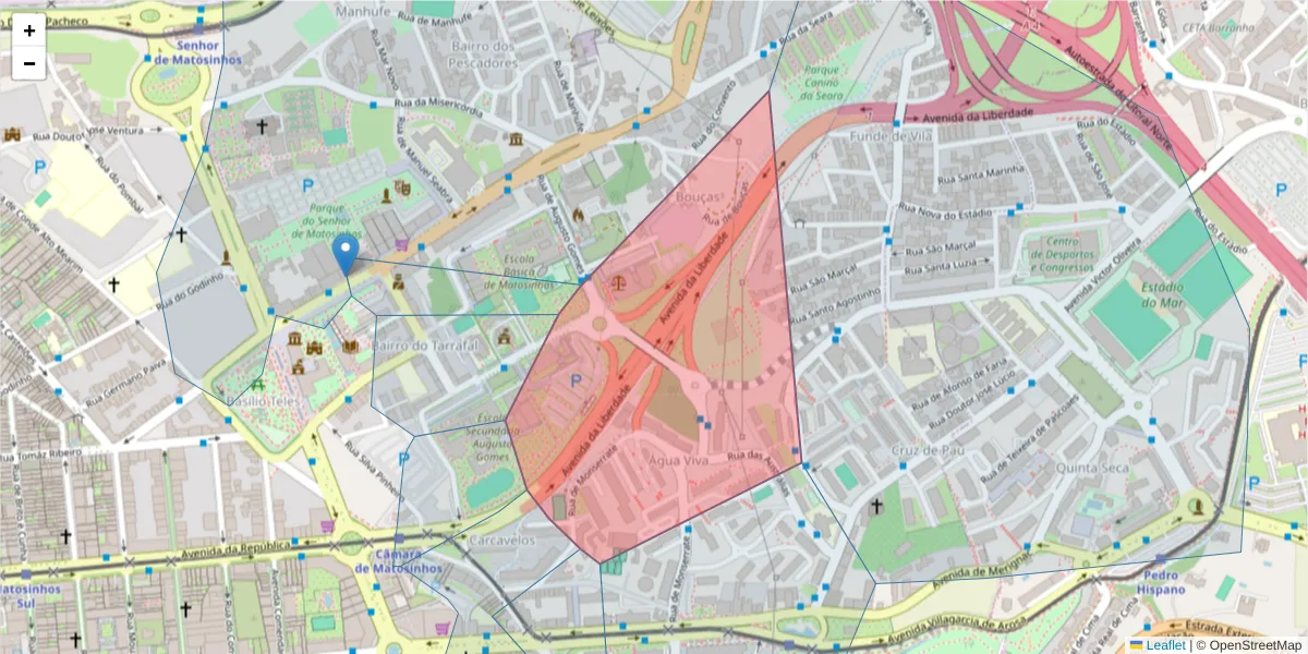 Mapa detalhado do código postal 4450-048 com limites, códigos postais vizinhos e agências dos correios