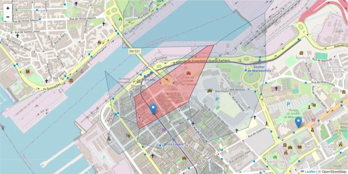 Mapa detalhado do código postal 4450-065 com limites, códigos postais vizinhos e agências dos correios