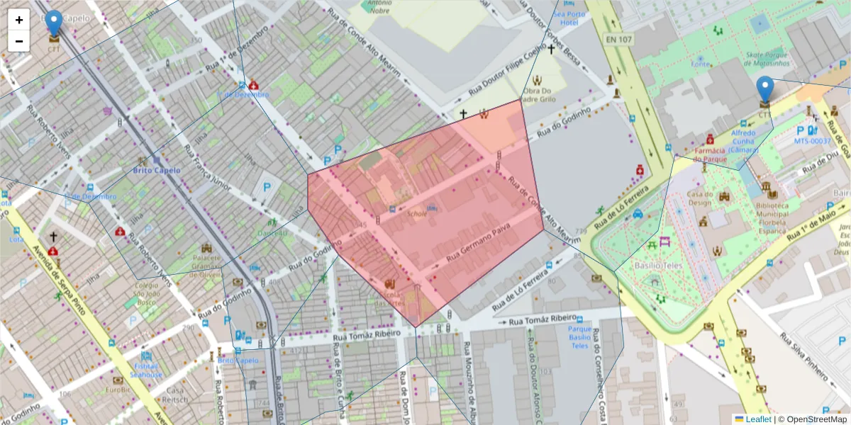 Mapa detalhado do código postal 4450-147 com limites, códigos postais vizinhos e agências dos correios