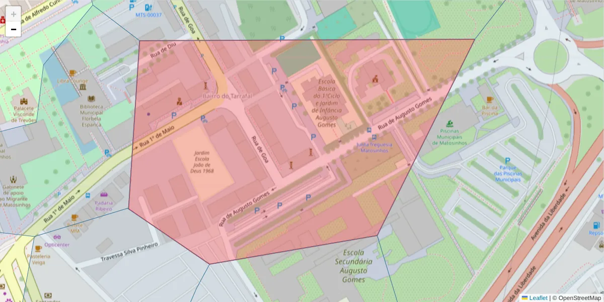 Mapa detalhado do código postal 4450-230 com limites, códigos postais vizinhos e agências dos correios