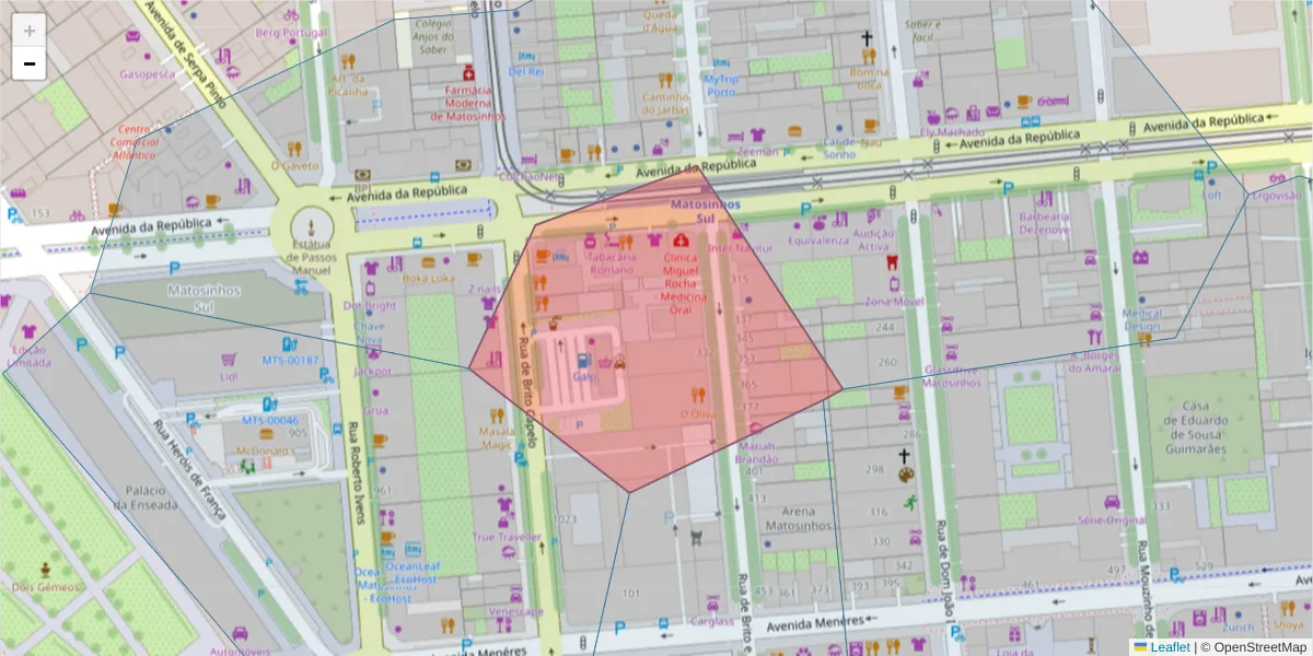 Mapa detalhado do código postal 4450-237 com limites, códigos postais vizinhos e agências dos correios