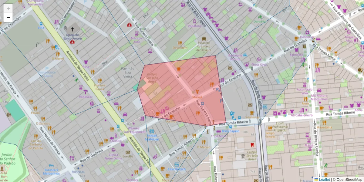 Mapa detalhado do código postal 4450-249 com limites, códigos postais vizinhos e agências dos correios