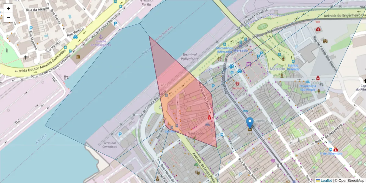 Mapa detalhado do código postal 4450-262 com limites, códigos postais vizinhos e agências dos correios