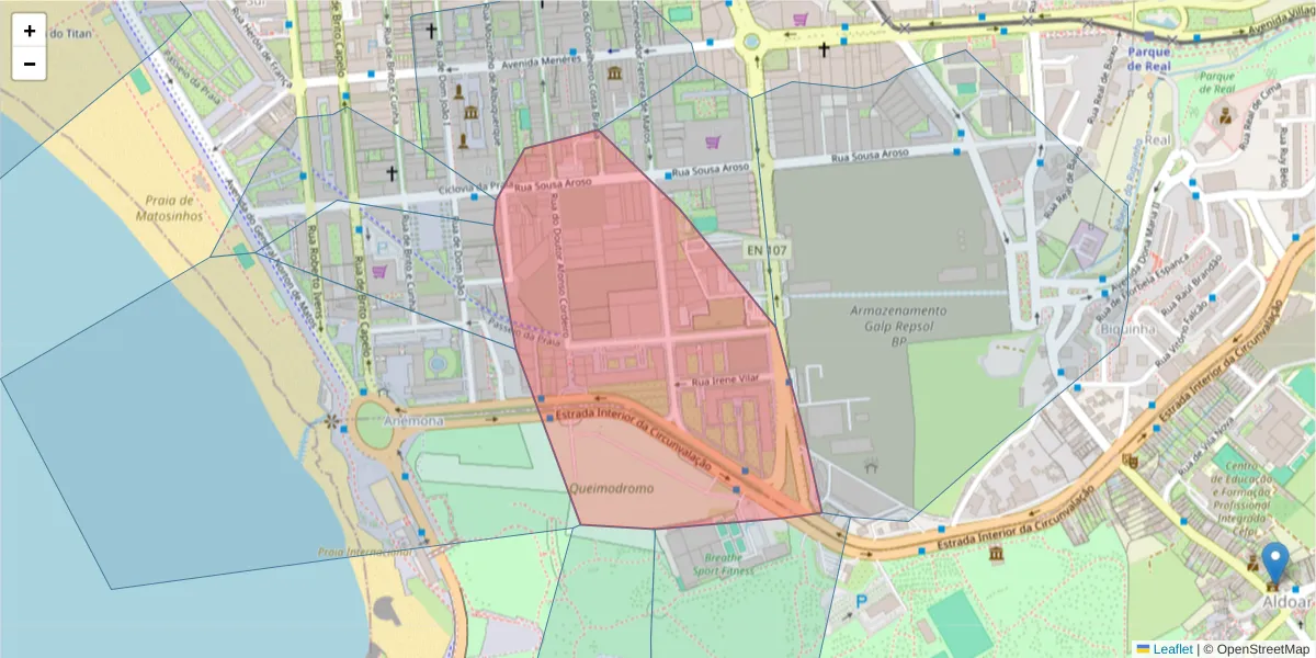 Mapa detalhado do código postal 4450-287 com limites, códigos postais vizinhos e agências dos correios