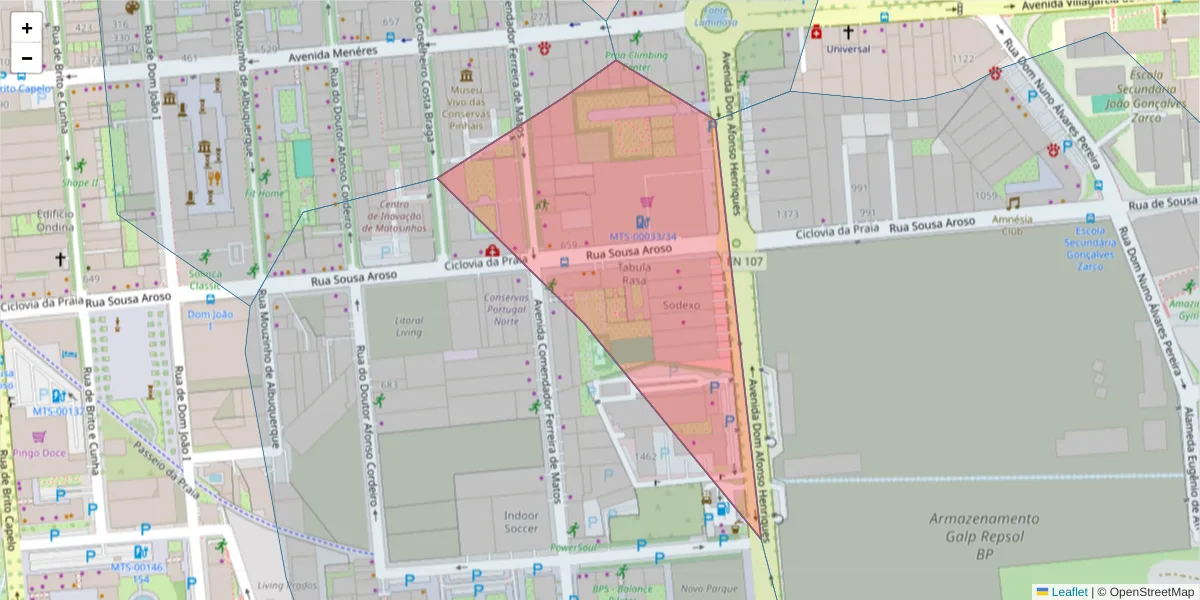Mapa detalhado do código postal 4450-290 com limites, códigos postais vizinhos e agências dos correios