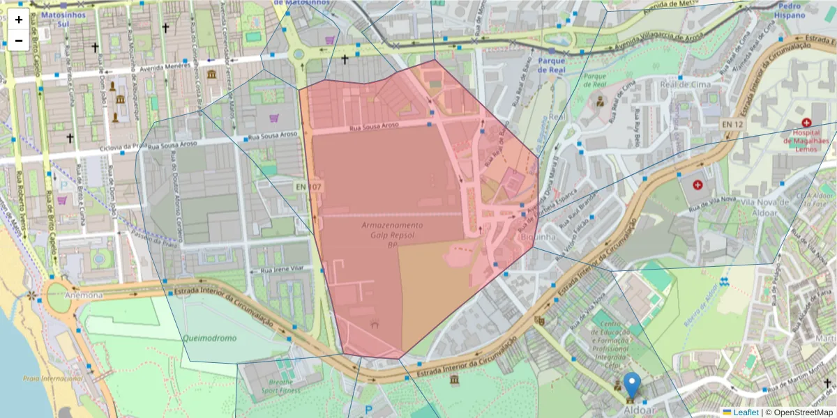 Mapa detalhado do código postal 4450-291 com limites, códigos postais vizinhos e agências dos correios