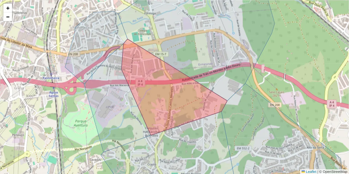 Mapa detalhado do código postal 4450-502 com limites, códigos postais vizinhos e agências dos correios