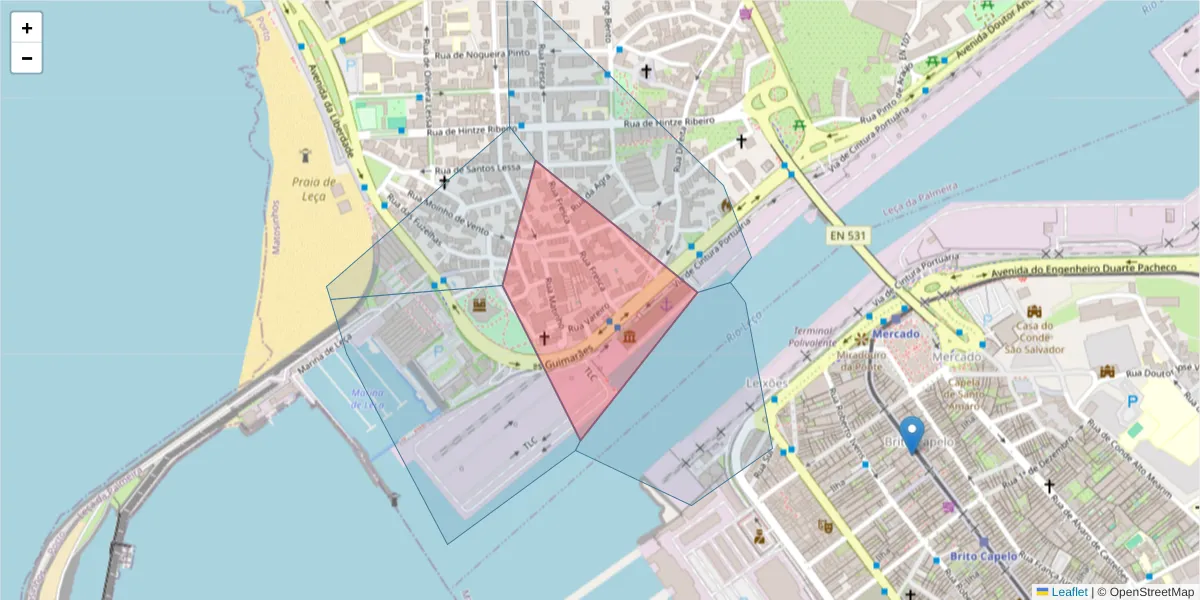 Mapa detalhado do código postal 4450-588 com limites, códigos postais vizinhos e agências dos correios