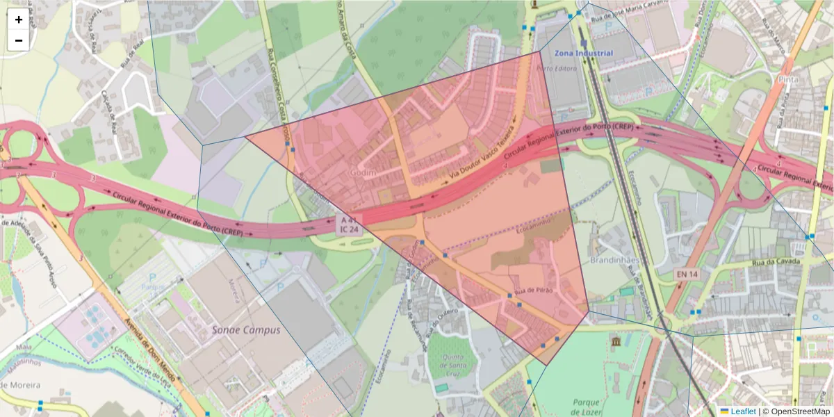 Mapa detalhado do código postal 4450-590 com limites, códigos postais vizinhos e agências dos correios
