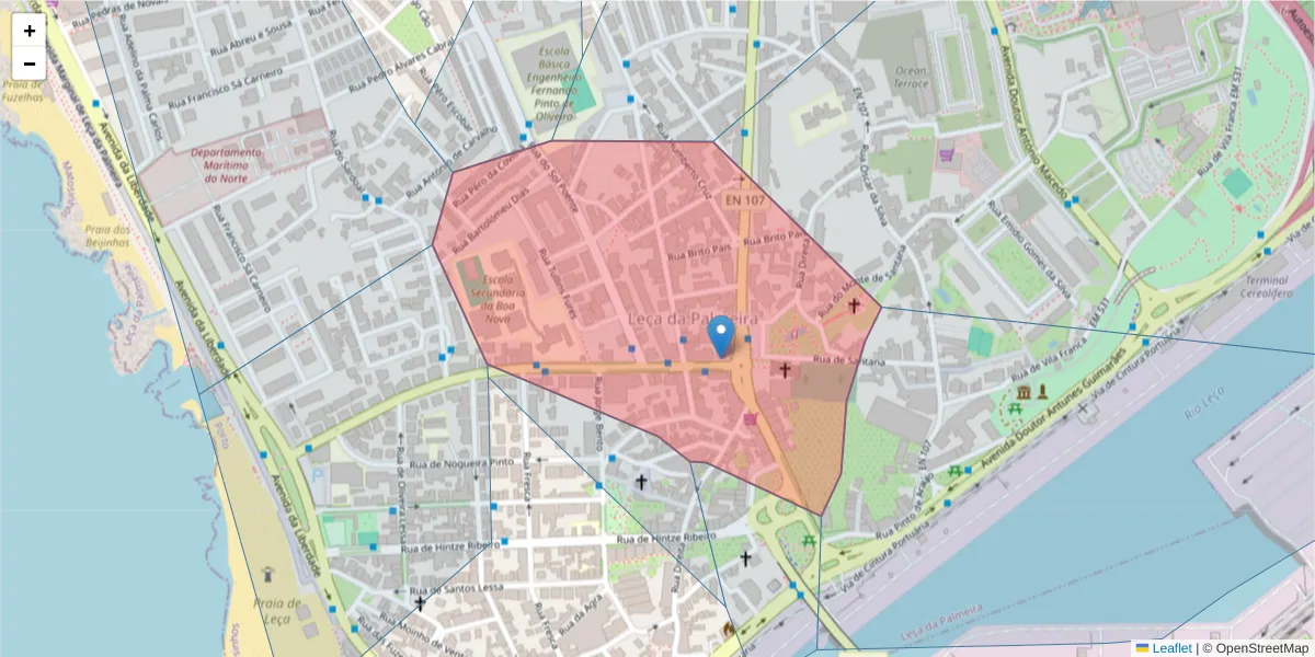 Mapa detalhado do código postal 4450-665 com limites, códigos postais vizinhos e agências dos correios