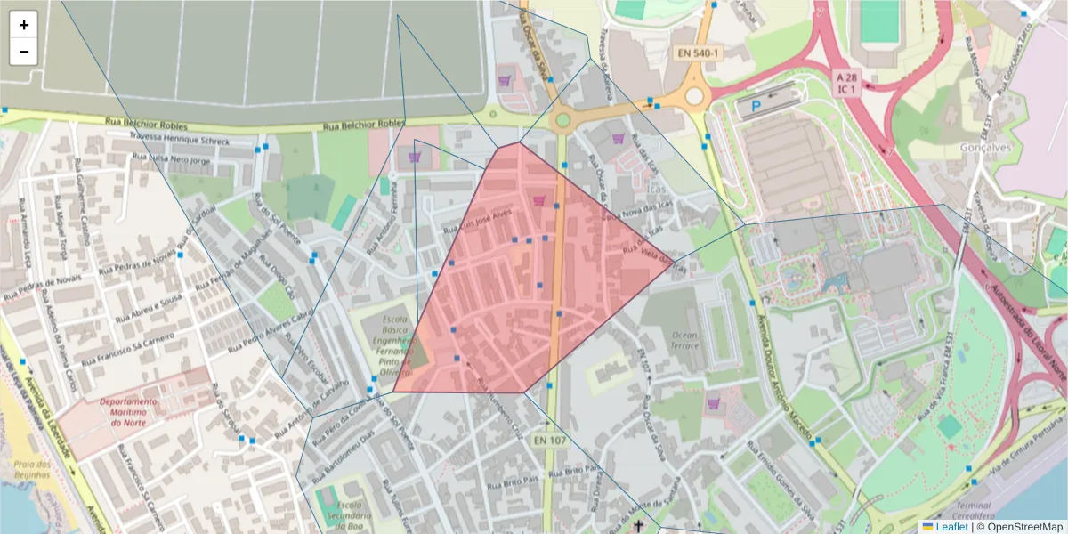 Mapa detalhado do código postal 4450-666 com limites, códigos postais vizinhos e agências dos correios